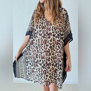 Sheer Animal Print Swim Cover-Up Tunic in Beige and Black